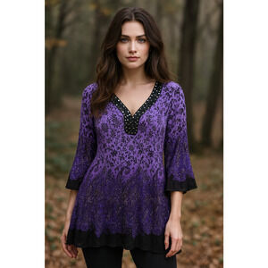 Fairy Top Women XL Y2K Purple Floral Paisley Sequin Whimsical Boho Dark Romantic